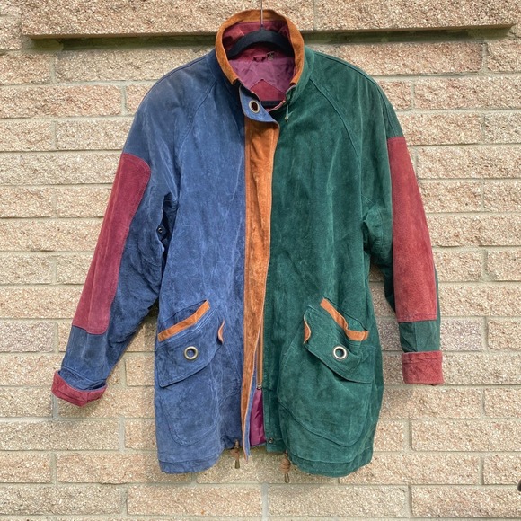 Vintage Jackets & Blazers - Vintage 1990s Suede Leather Colorblock Jacket Large Retro Parka Coat Granola 90s